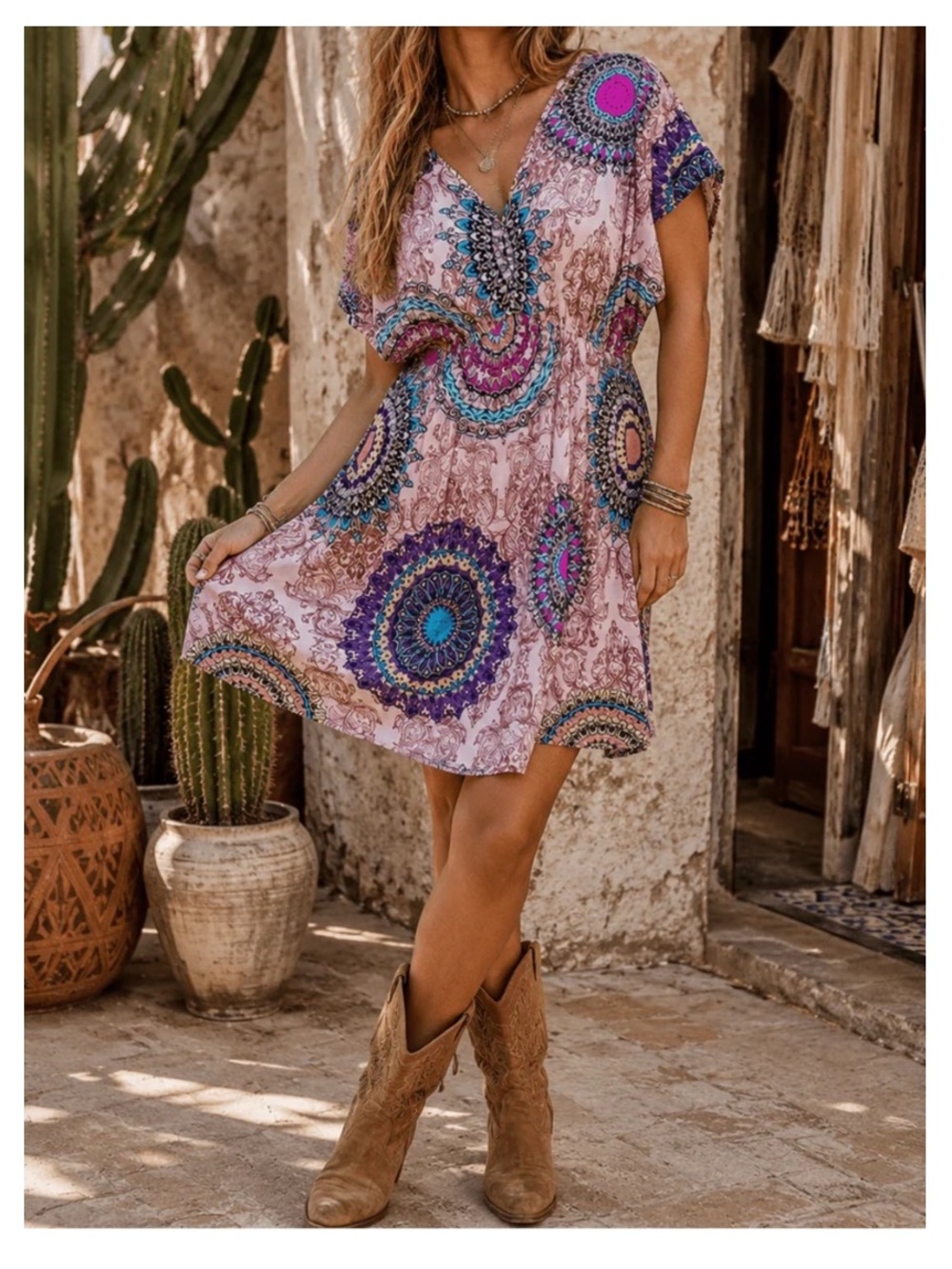 🟠NWT ONETHELAND V-Neck Elastic Waist Mini Dress w/Pockets in Vibrant Boho Print